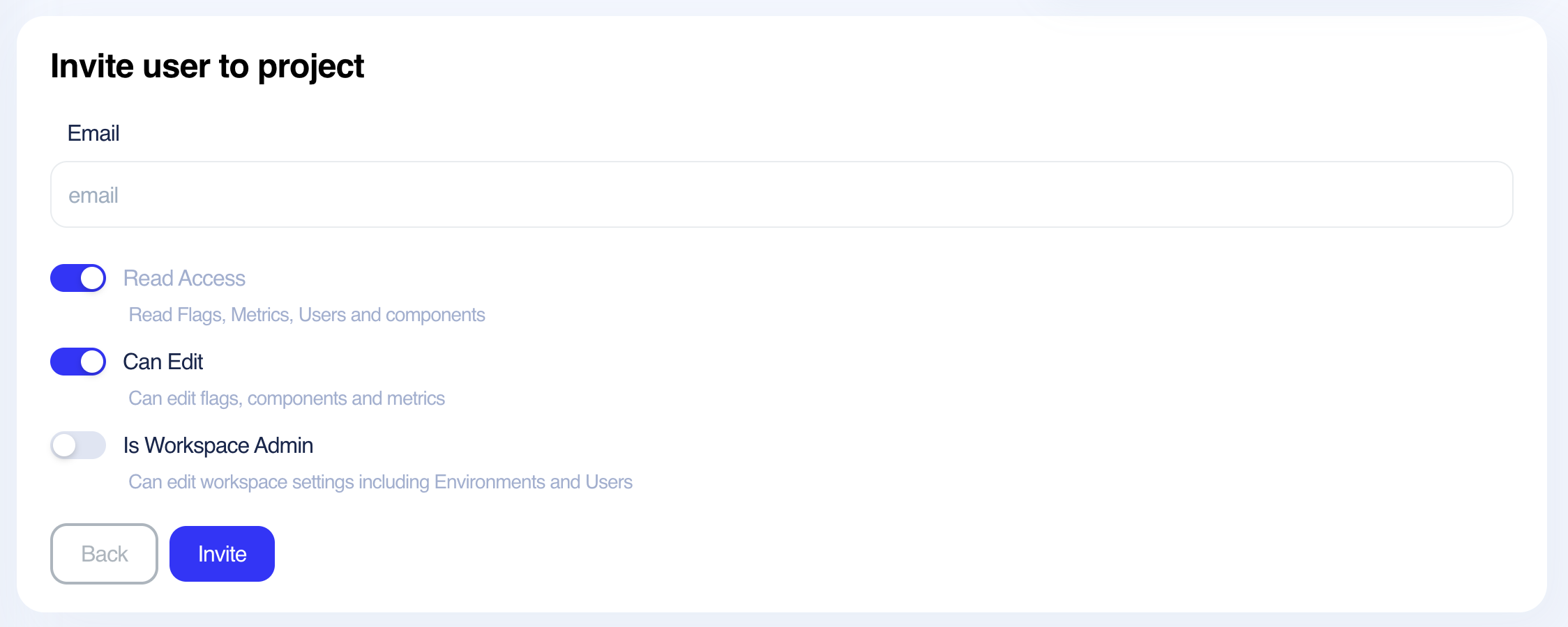 Invite User Modal with email input field and three permission toggles for Read Access, Can Edit, and Is Workspace Admin with Back and Invite buttons