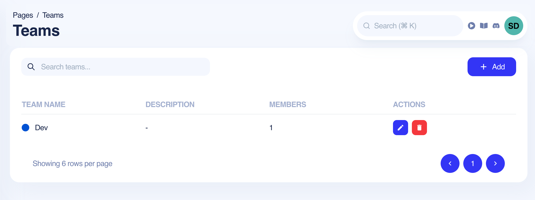 Teams Management Dashboard showing team list with search functionality, add button, and team table with name, description, members count, and edit/delete actions